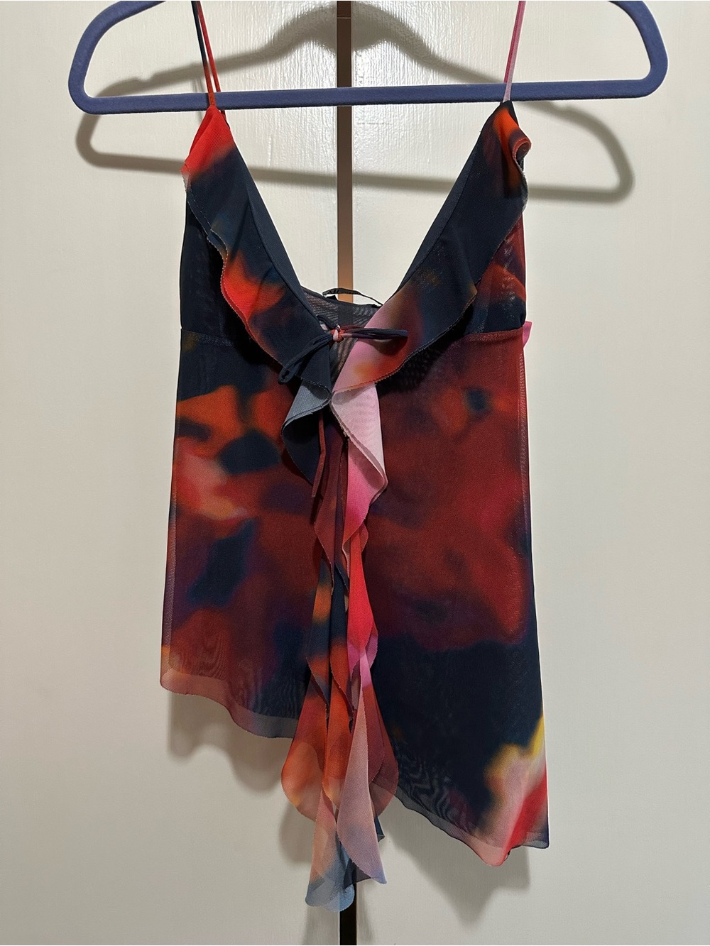 Zara Tie-Front Ruffled Camisole Tank Top - Red Multi, raw hem